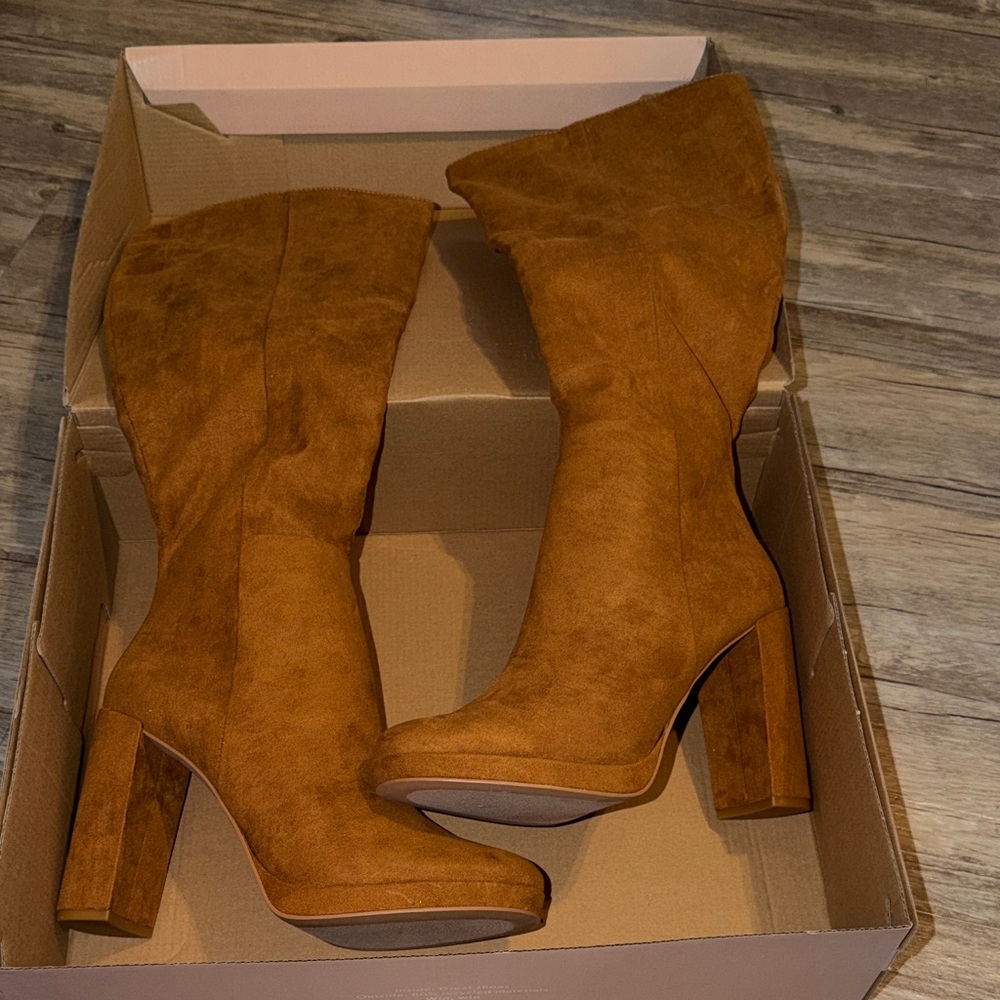 JustFab Tall Block Heel Suede-Look Boots in Cognac